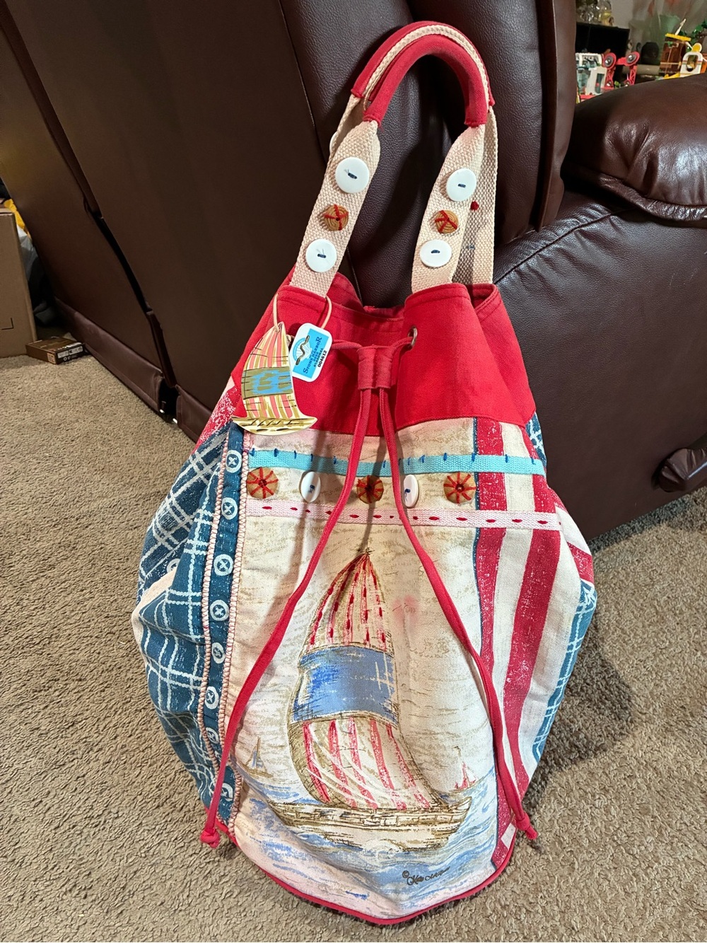 Kate McRostie SunNSand Stone Harbor 2022 Large Beach Bag Sailboat Cotton Button